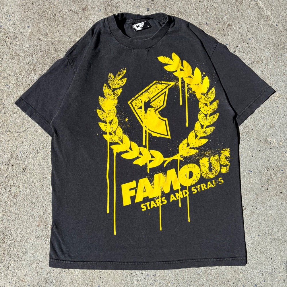 Y2K Famous Stars and Straps Mens Large Black Yellow Drip Logo Graphic T-Shirt